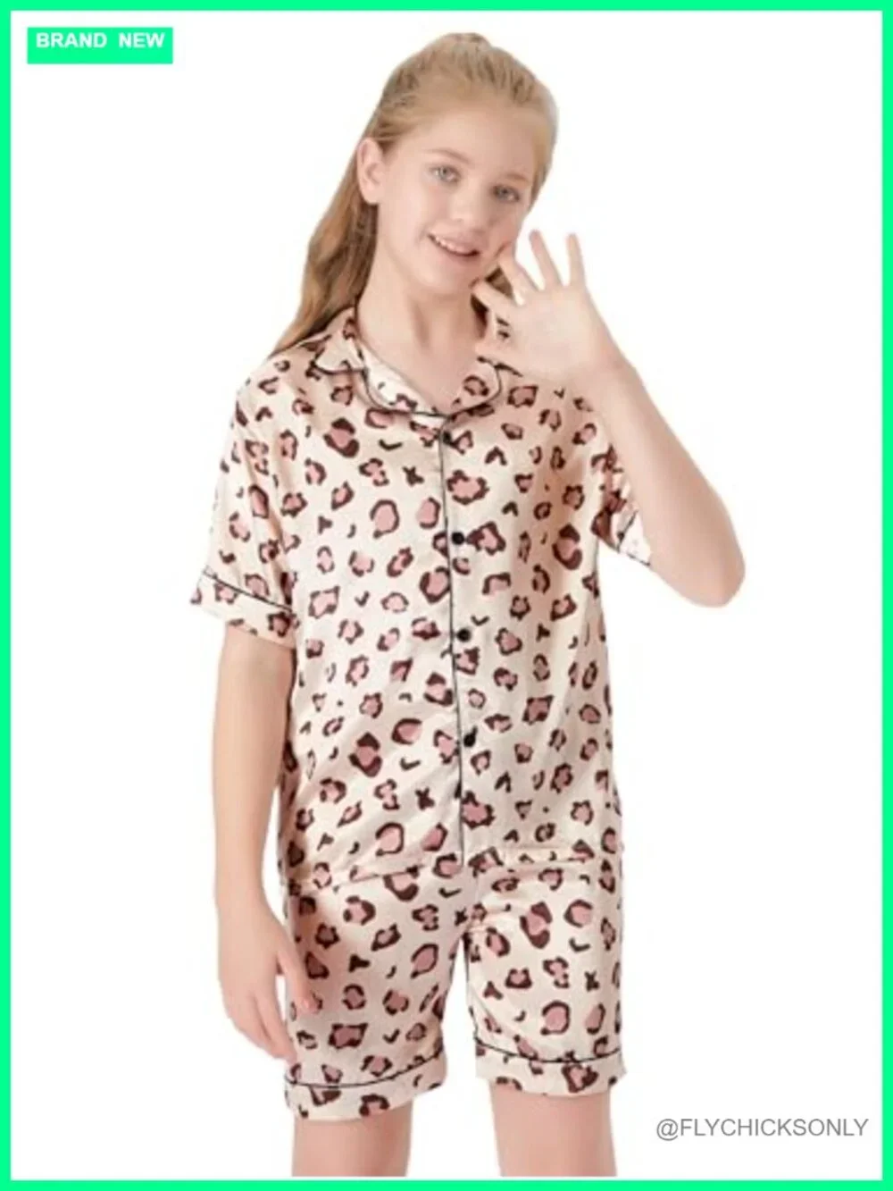 Girls Silky Satin Pajama Set, Leopard Print, Button Up, Shorts